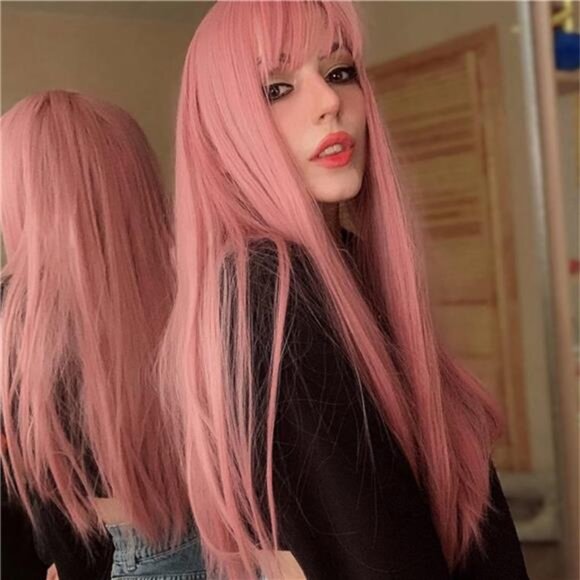 Pink Wig With Bangs For Women Long Straight Wigs Synthetic For Girls - Picture 6 of 7